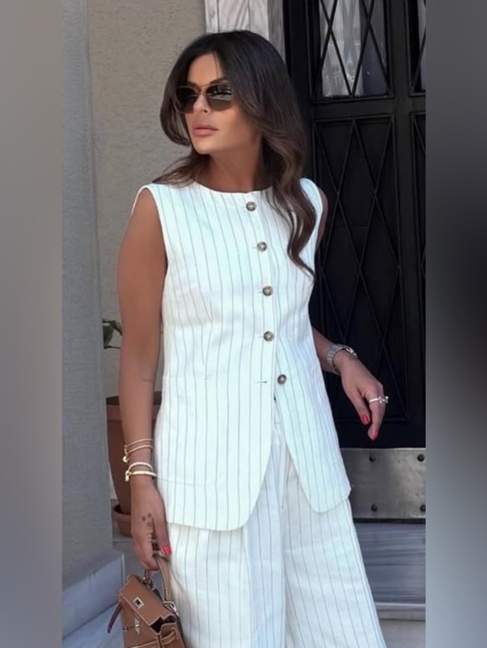 Women's White Striped Sleeveless vest with bermudas
